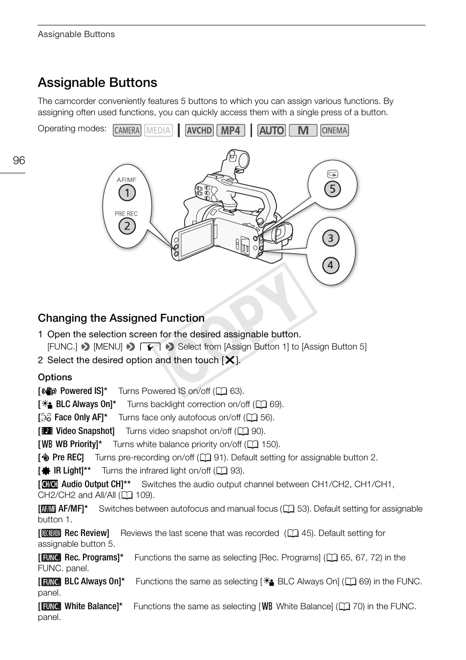 Assignable buttons 96, Changing the assigned function 96, Cop y | Assignable buttons | Canon XA20 User Manual | Page 96 / 184