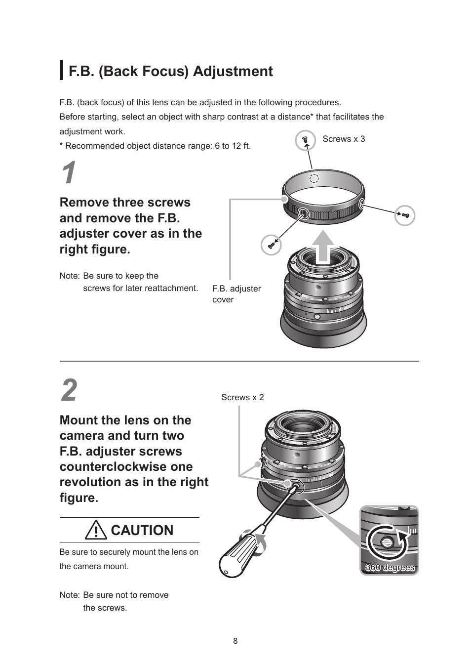 F.b. (back focus) adjustment, Caution | Canon CN-E30-105mm T2.8 L SSP User Manual | Page 21 / 43