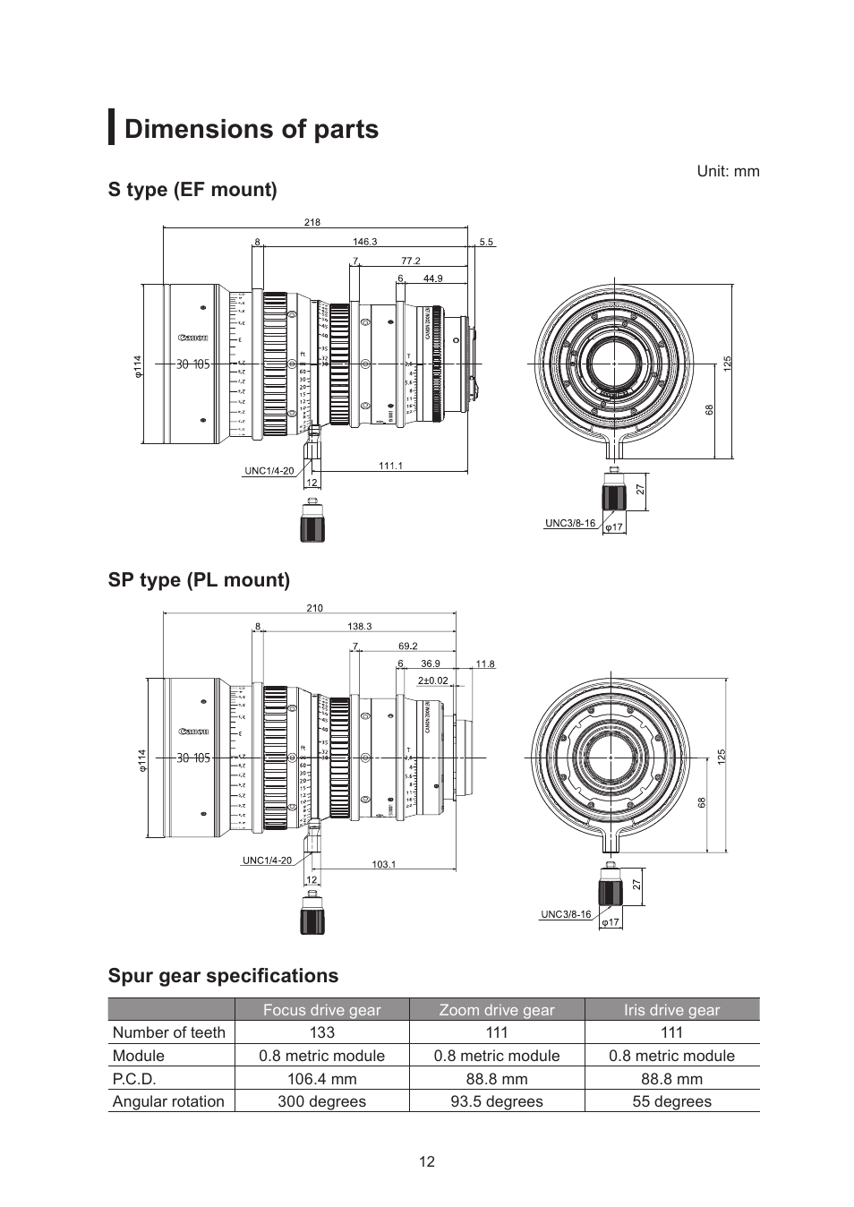 Dimensions of parts | Canon CN-E30-105mm T2.8 L SSP User Manual | Page 25 / 43