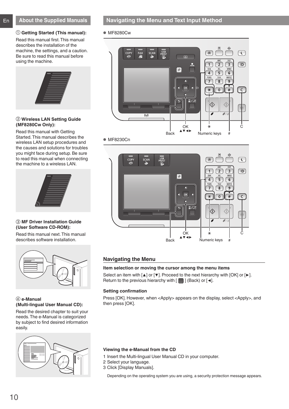 About the supplied manuals, Navigating the menu and text input method | Canon i-SENSYS MF8280Cw User Manual | Page 10 / 292