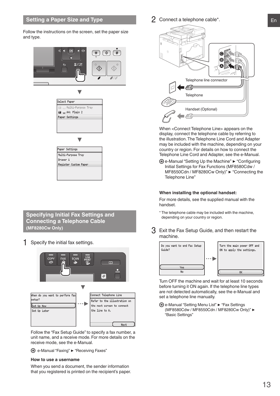 Setting a paper size and type, Specifying initial fax settings, And connecting a telephone cable | Mf8280cw only) | Canon i-SENSYS MF8280Cw User Manual | Page 13 / 292