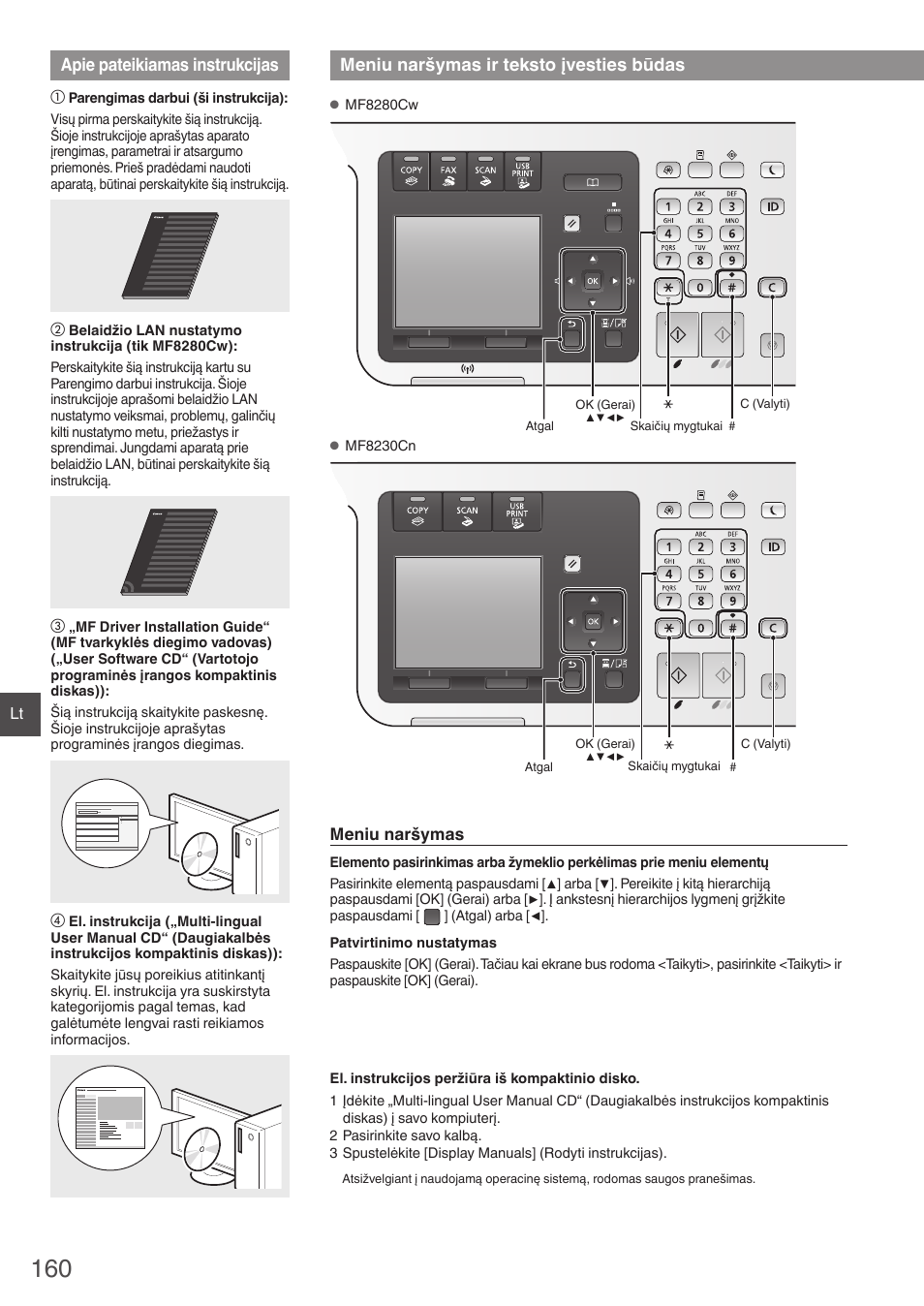 Apie pateikiamas instrukcijas, Meniu naršymas ir teksto įvesties būdas | Canon i-SENSYS MF8280Cw User Manual | Page 160 / 292