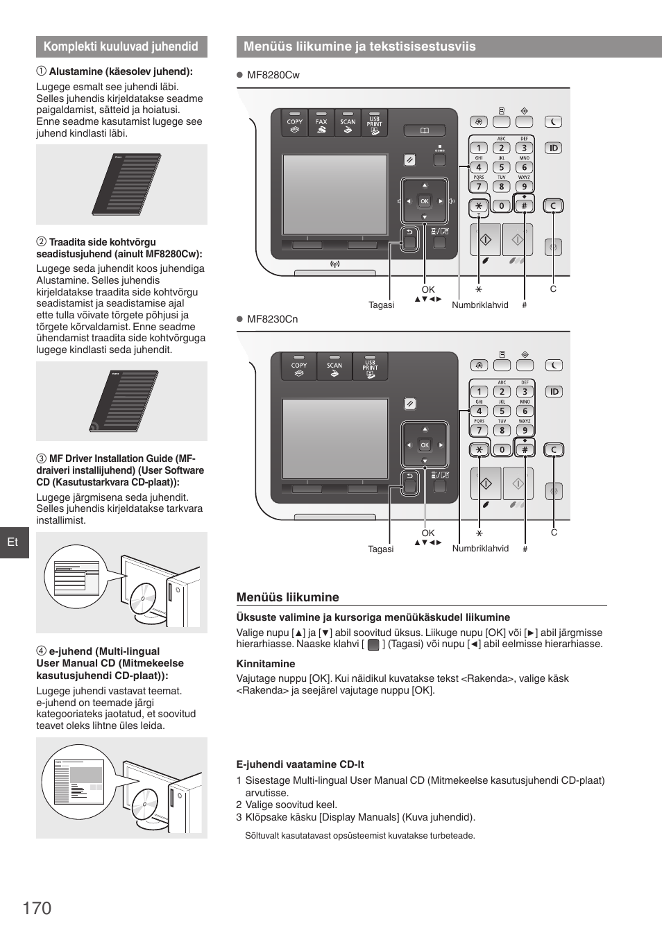 Komplekti kuuluvad juhendid, Menüüs liikumine ja tekstisisestusviis | Canon i-SENSYS MF8280Cw User Manual | Page 170 / 292