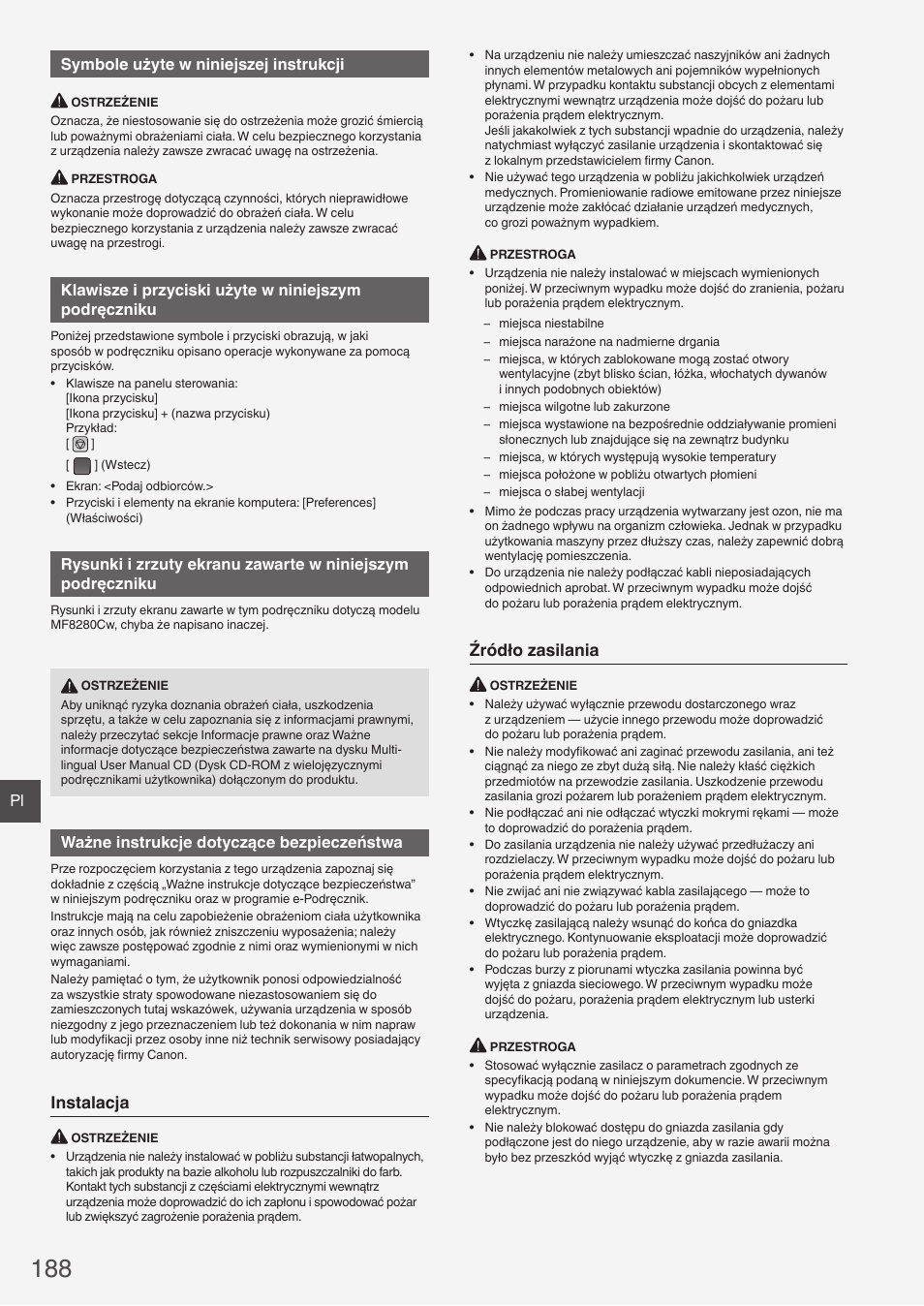 Instalacja, Źródło zasilania, Pl symbole użyte w niniejszej instrukcji | Ważne instrukcje dotyczące bezpieczeństwa | Canon i-SENSYS MF8280Cw User Manual | Page 188 / 292