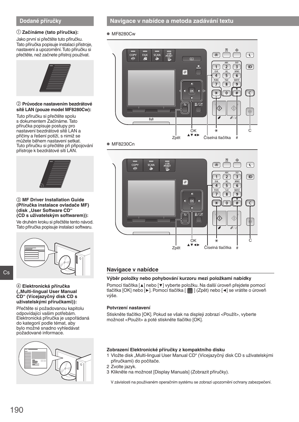 Dodané příručky, Navigace v nabídce a metoda zadávání, Textu | Navigace v nabídce a metoda zadávání textu | Canon i-SENSYS MF8280Cw User Manual | Page 190 / 292