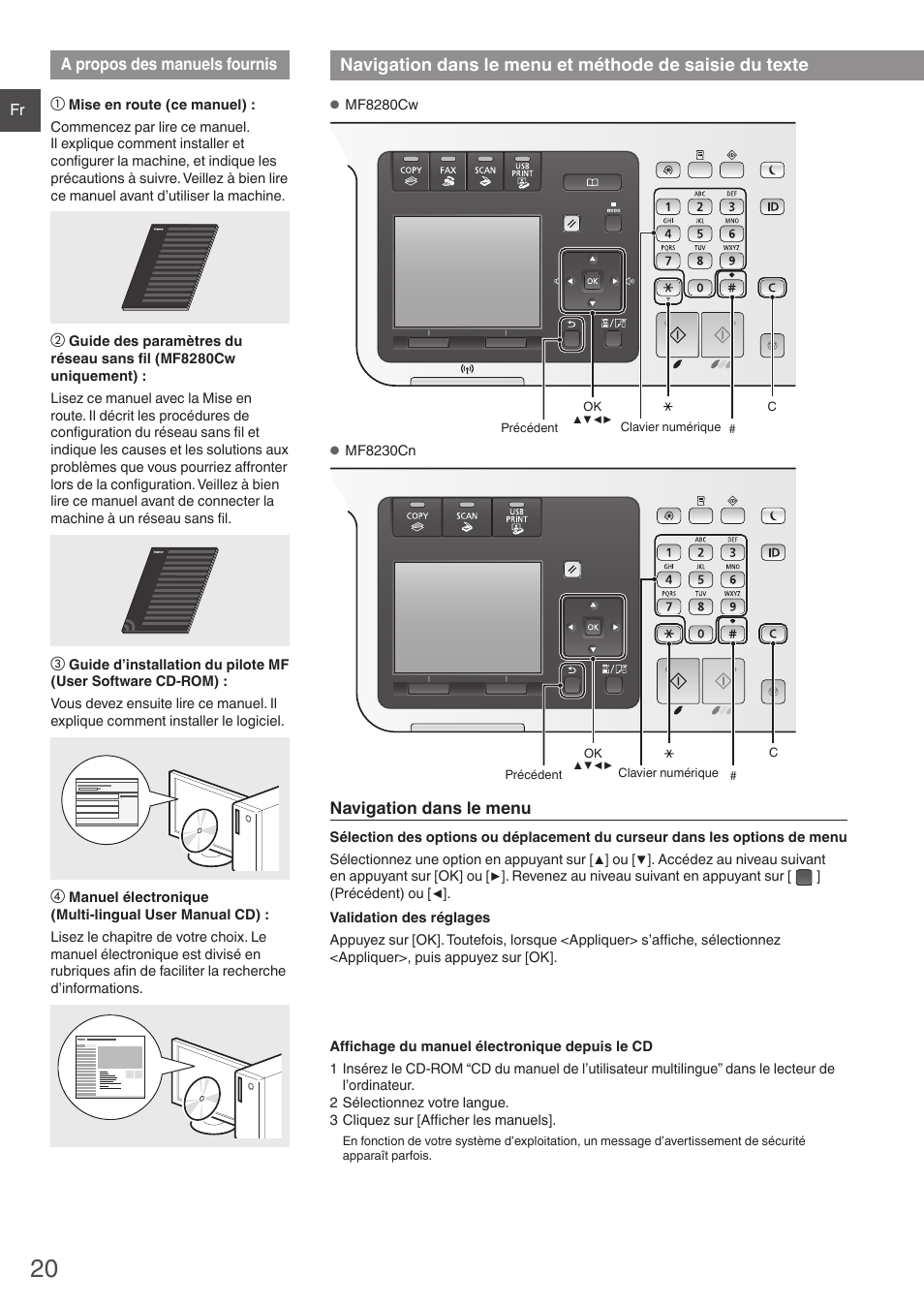 A propos des manuels fournis, Navigation dans le menu, Et méthode de saisie du texte | Canon i-SENSYS MF8280Cw User Manual | Page 20 / 292