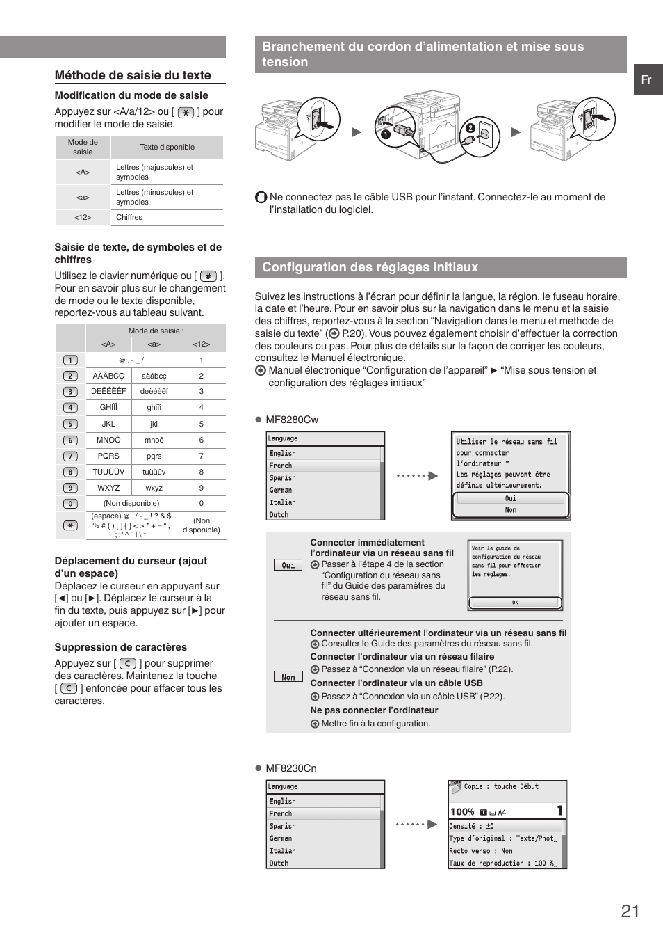 Branchement du cordon d’alimentation, Et mise sous tension, Configuration des réglages initiaux | Méthode de saisie du texte | Canon i-SENSYS MF8280Cw User Manual | Page 21 / 292