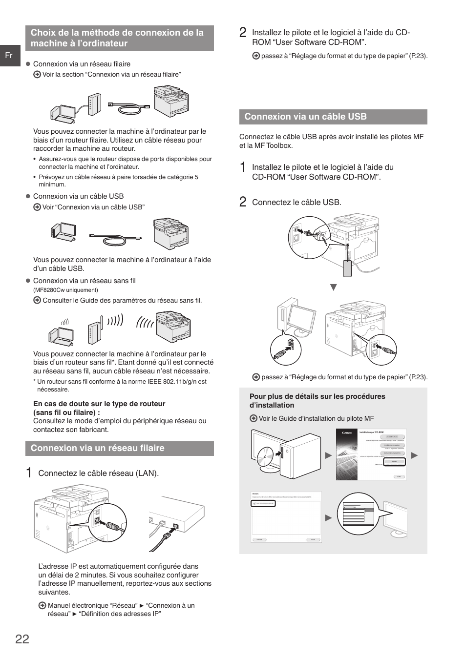 Choix de la méthode de connexion de la, Machine à l’ordinateur, Connexion via un réseau filaire | Connexion via un câble usb | Canon i-SENSYS MF8280Cw User Manual | Page 22 / 292