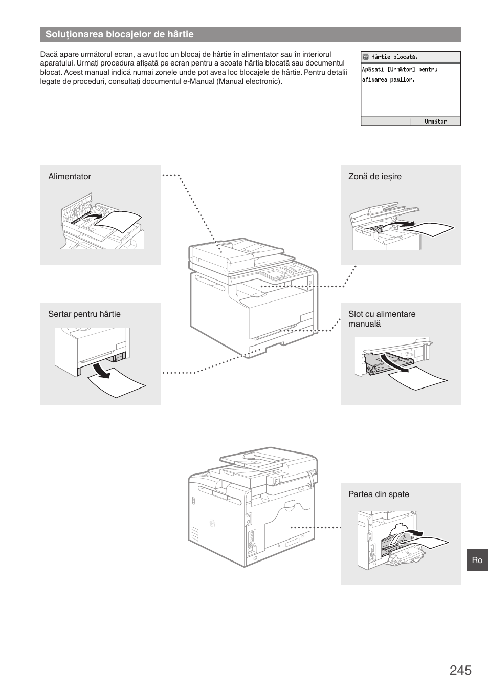 Soluţionarea blocajelor de hârtie | Canon i-SENSYS MF8280Cw User Manual | Page 245 / 292