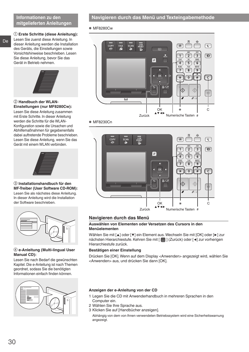 Informationen zu den mitgelieferten, Anleitungen, Navigieren durch das menü und | Texteingabemethode, Informationen zu den mitgelieferten anleitungen, Navigieren durch das menü und texteingabemethode | Canon i-SENSYS MF8280Cw User Manual | Page 30 / 292