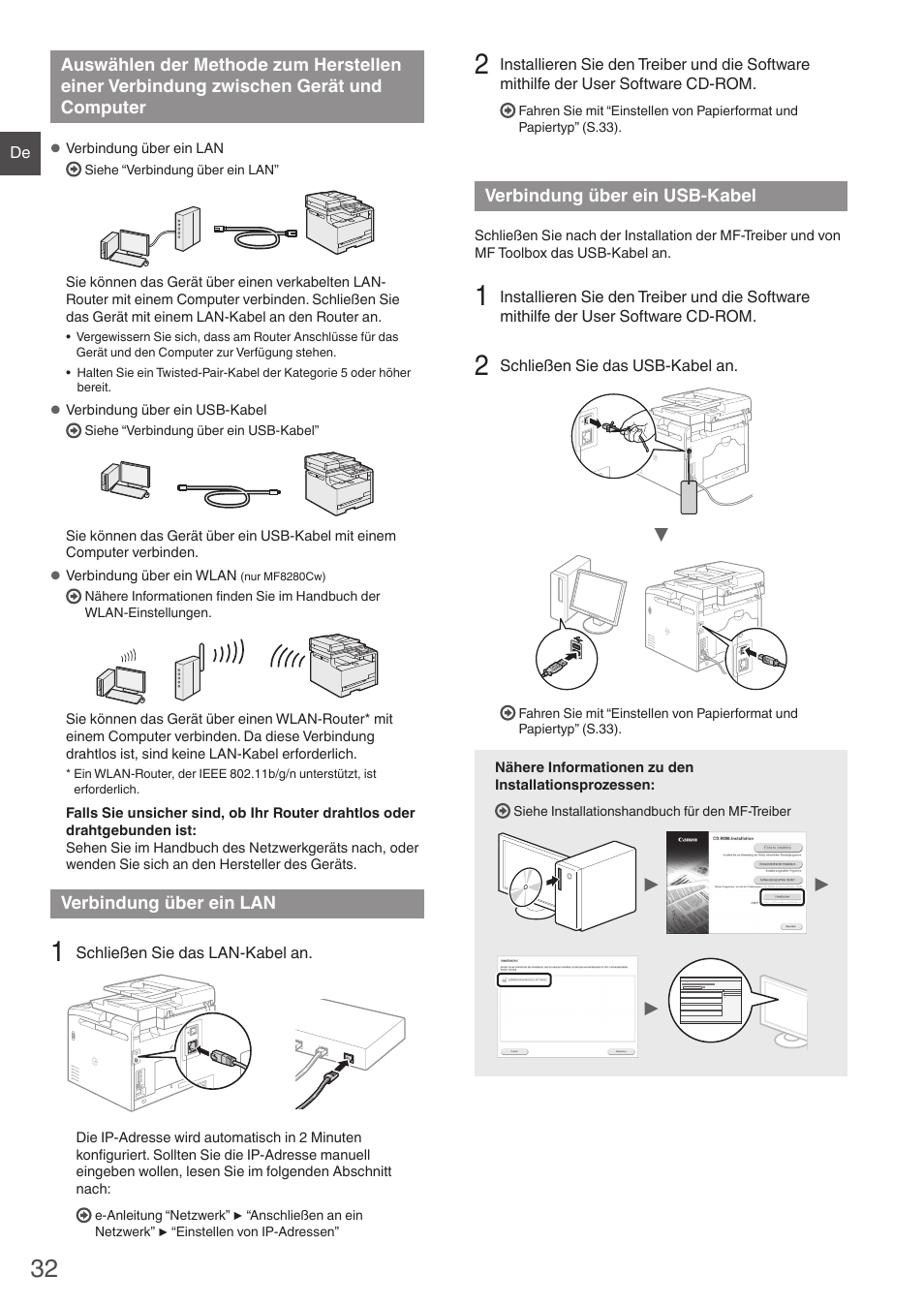 Auswählen der methode zum herstellen, Einer verbindung zwischen gerät, Und computer | Verbindung über ein lan, Verbindung über ein usb-kabel | Canon i-SENSYS MF8280Cw User Manual | Page 32 / 292