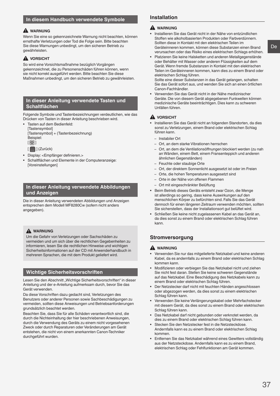 Installation, Stromversorgung, De in diesem handbuch verwendete symbole | Wichtige sicherheitsvorschriften | Canon i-SENSYS MF8280Cw User Manual | Page 37 / 292