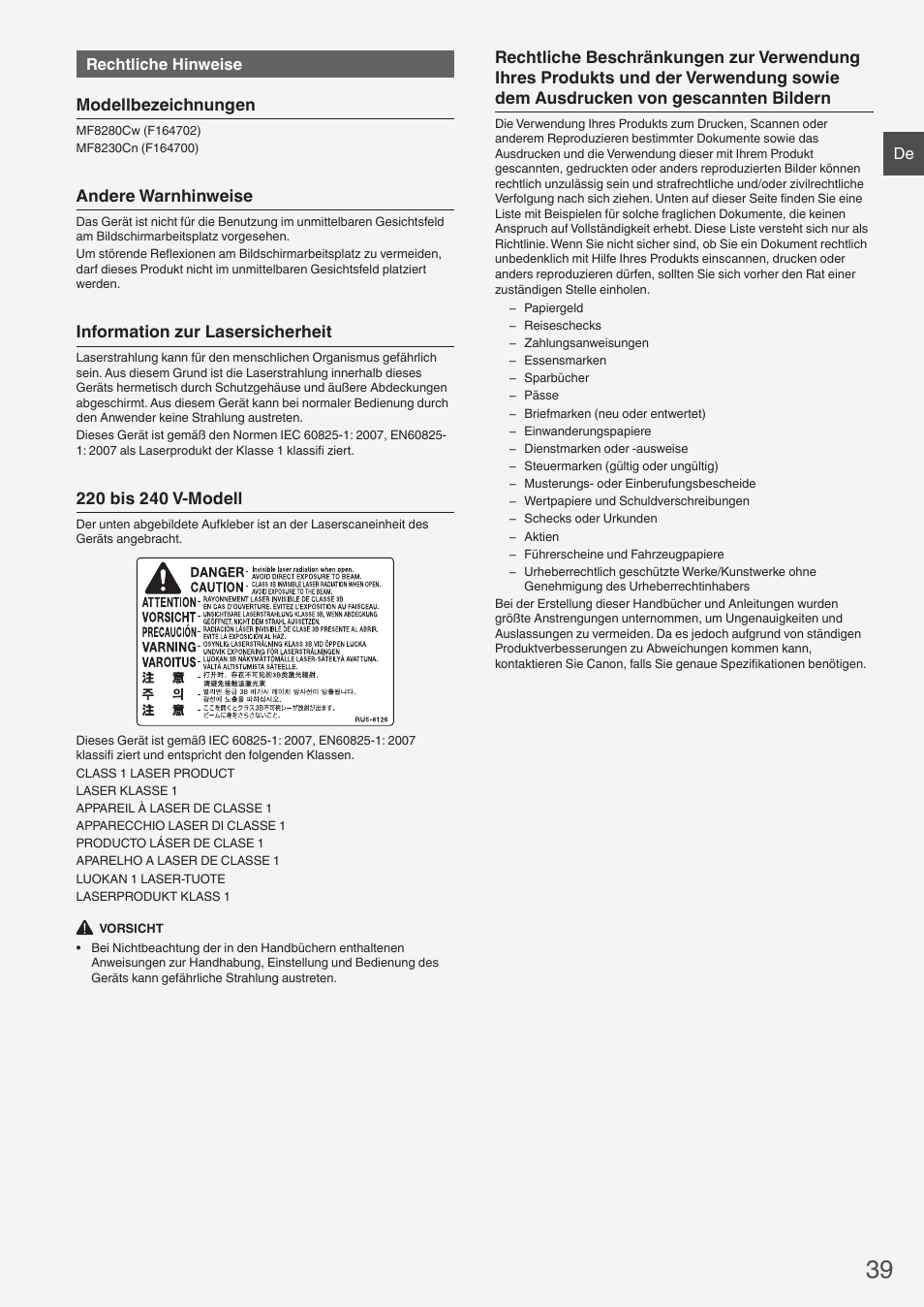 Modellbezeichnungen, Andere warnhinweise, Information zur lasersicherheit | Canon i-SENSYS MF8280Cw User Manual | Page 39 / 292