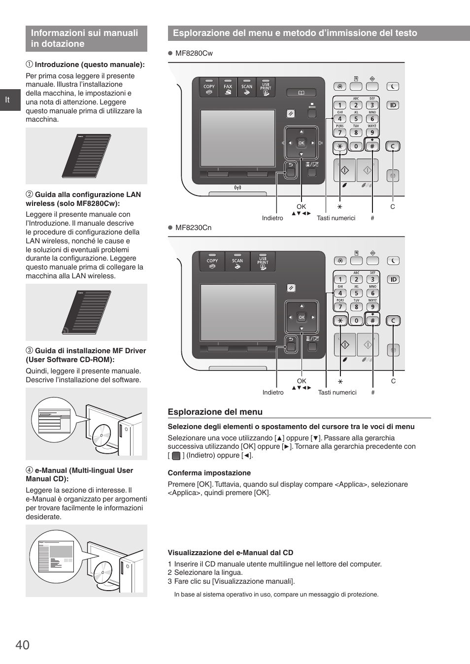 Informazioni sui manuali in dotazione, Esplorazione del menu e metodo, D’immissione del testo | Canon i-SENSYS MF8280Cw User Manual | Page 40 / 292