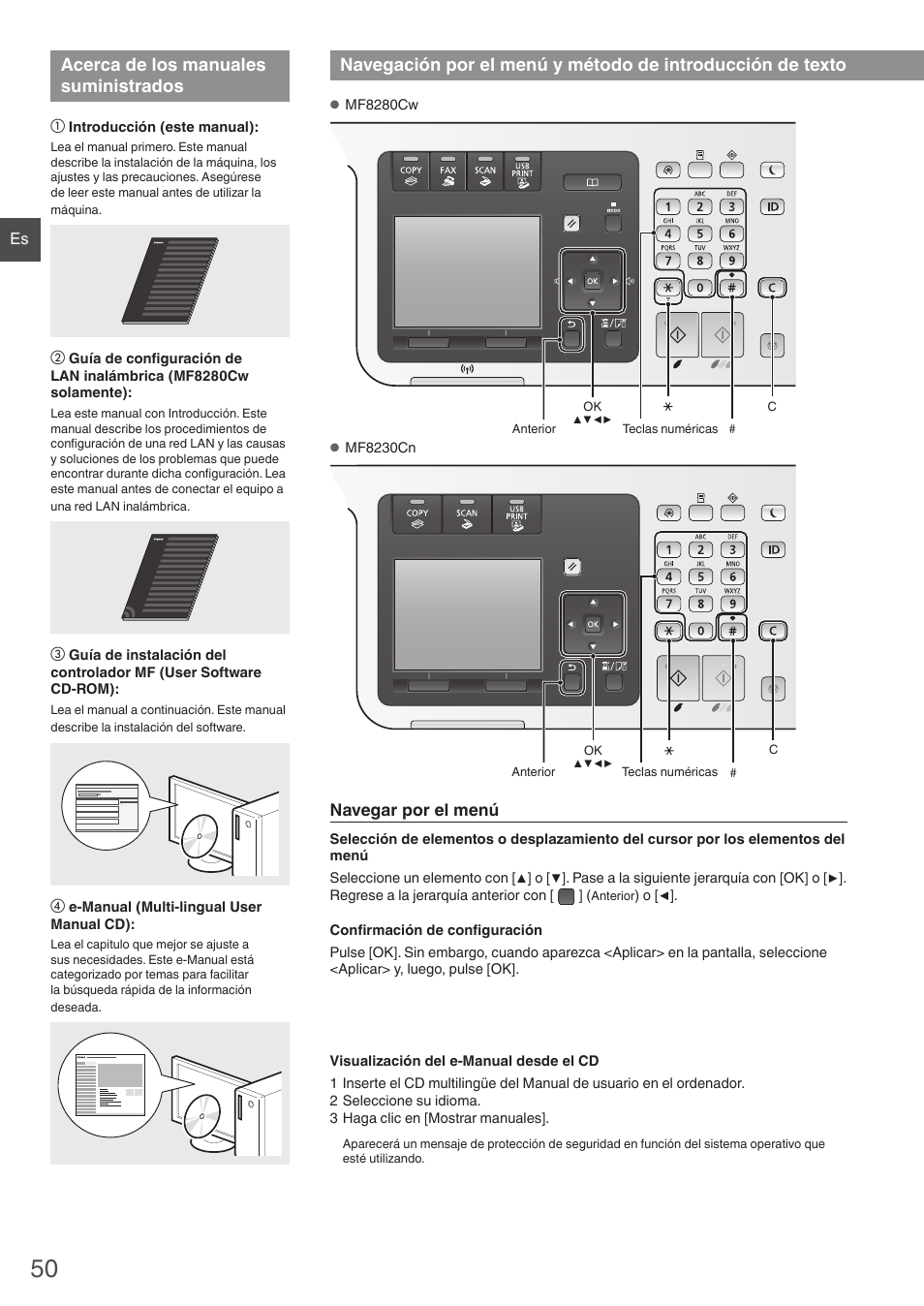 Acerca de los manuales suministrados, Navegación por el menú y método de, Introducción de texto | Navegar por el menú | Canon i-SENSYS MF8280Cw User Manual | Page 50 / 292