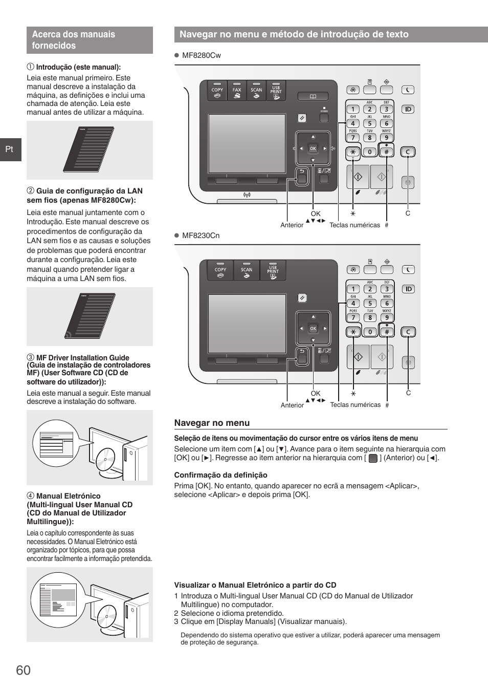 Acerca dos manuais fornecidos, Navegar no menu e método, De introdução de texto | Navegar no menu e método de introdução de texto | Canon i-SENSYS MF8280Cw User Manual | Page 60 / 292