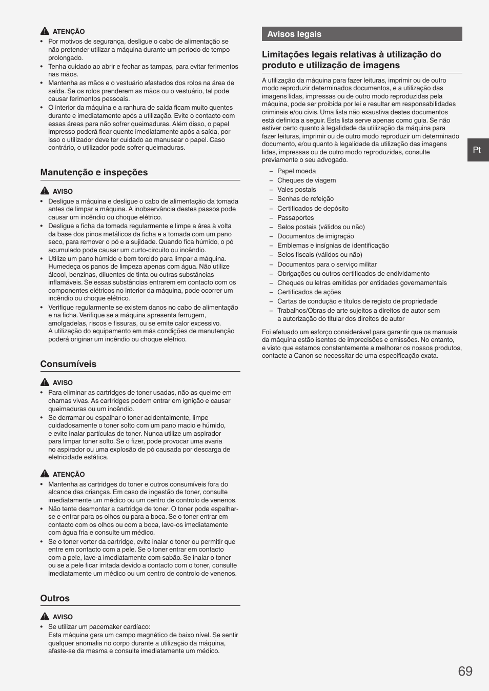 Manutenção e inspeções, Consumíveis, Outros | Avisos legais | Canon i-SENSYS MF8280Cw User Manual | Page 69 / 292