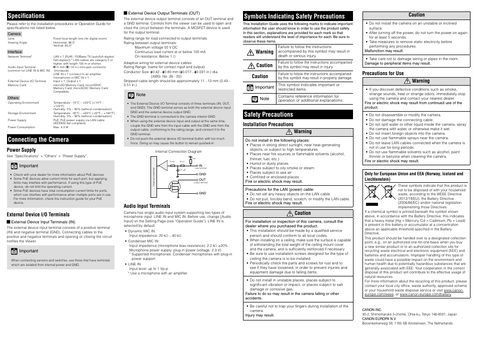 Specifications, Connecting the camera, Symbols indicating safety precautions | Safety precautions | Canon VB-S900F User Manual | Page 2 / 2