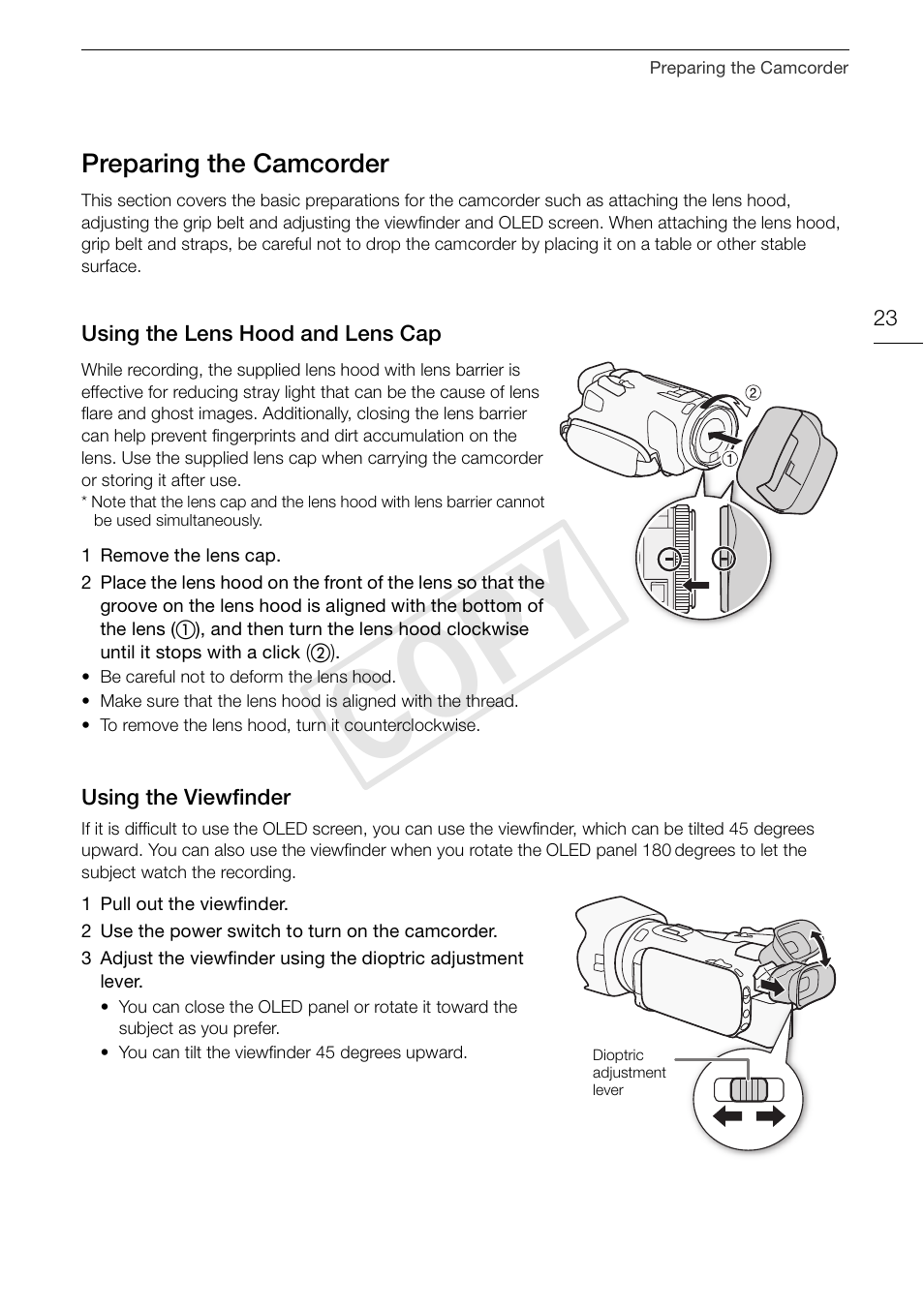 Preparing the camcorder 23, Cop y | Canon LEGRIA HF G30 User Manual | Page 23 / 184