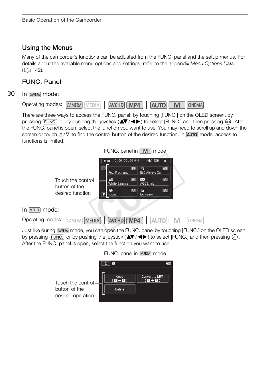 Using the menus 30, Cop y | Canon LEGRIA HF G30 User Manual | Page 30 / 184