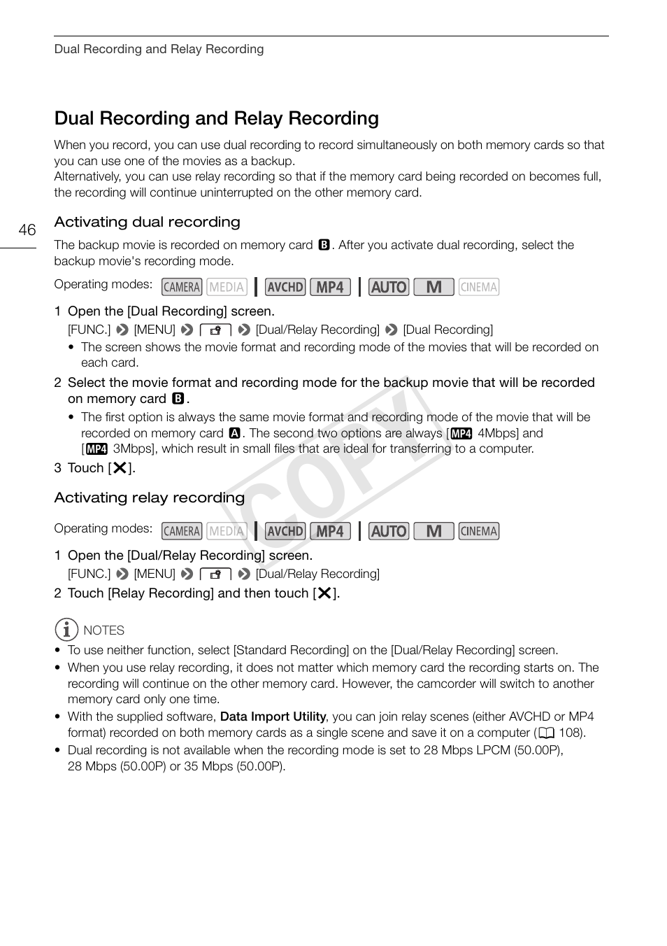 Dual recording and relay recording 46, Cop y, Dual recording and relay recording | Canon LEGRIA HF G30 User Manual | Page 46 / 184