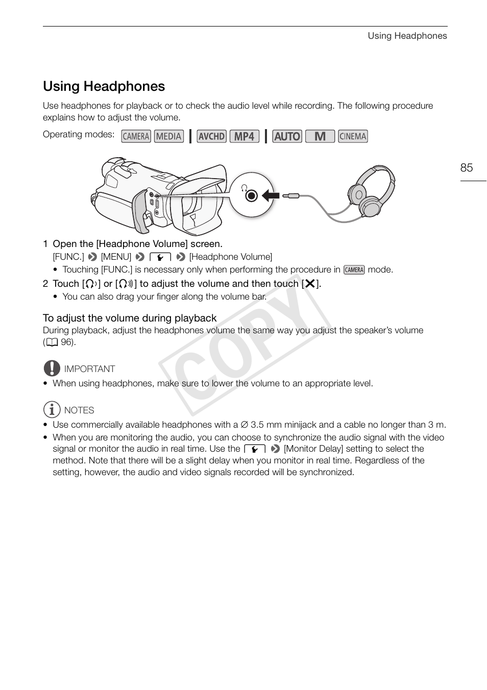 Using headphones 85, Cop y | Canon LEGRIA HF G30 User Manual | Page 85 / 184