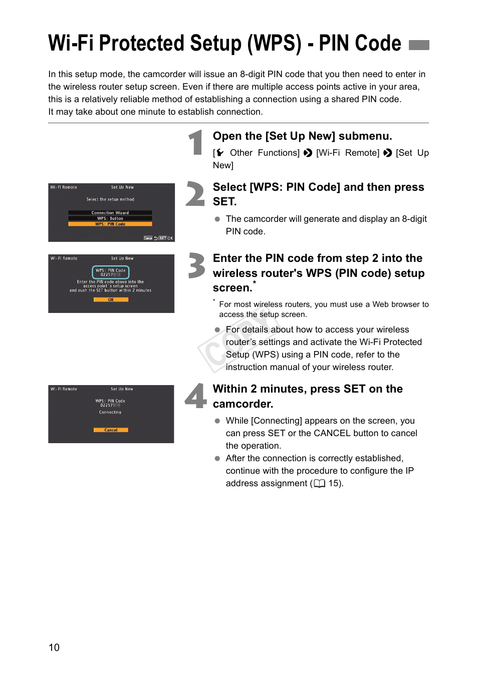 Wi-fi protected setup (wps) - pin code, Cop y | Canon EOS C500 PL User Manual | Page 10 / 38