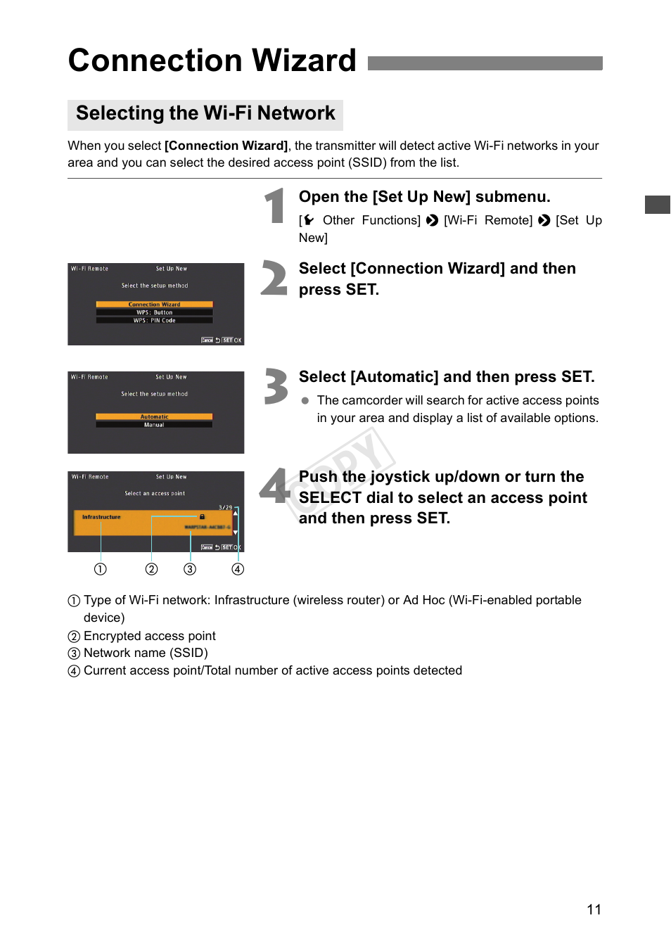 Connection wizard, Selecting the wi-fi network, Cop y | Canon EOS C500 PL User Manual | Page 11 / 38