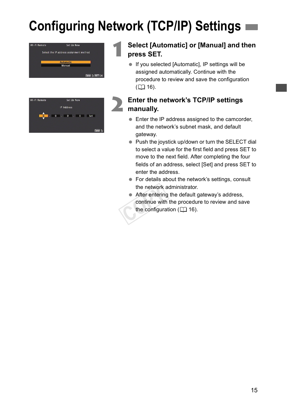 Configuring network (tcp/ip) settings, Cop y | Canon EOS C500 PL User Manual | Page 15 / 38