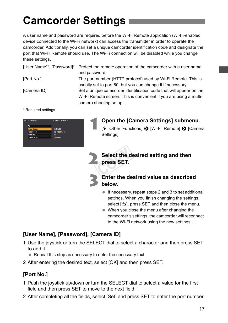 Camcorder settings, Cop y | Canon EOS C500 PL User Manual | Page 17 / 38