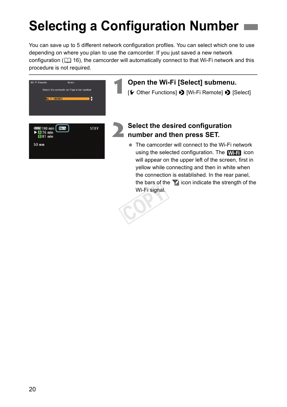 Selecting a configuration number, Cop y | Canon EOS C500 PL User Manual | Page 20 / 38