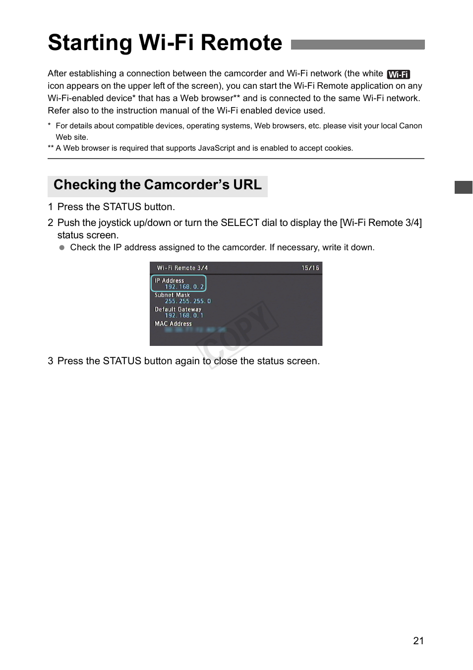 Starting wi-fi remote, Checking the camcorder’s url, Cop y | Canon EOS C500 PL User Manual | Page 21 / 38