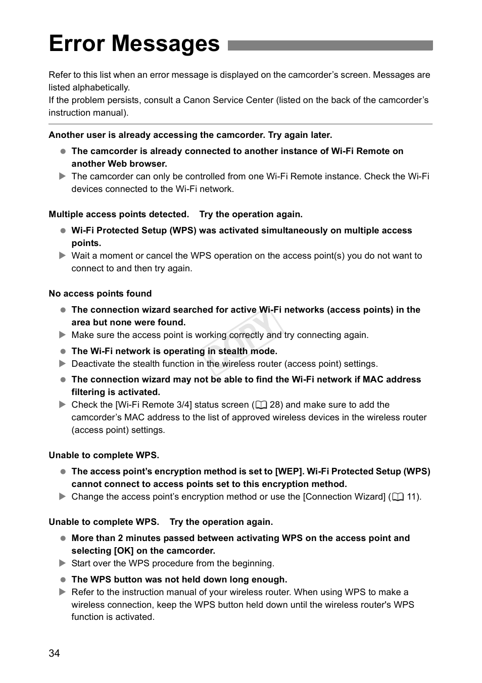 Error messages, Cop y | Canon EOS C500 PL User Manual | Page 34 / 38