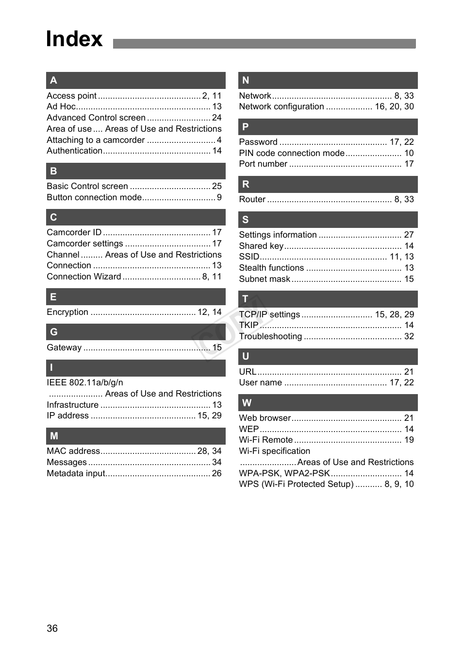 Index, C op y | Canon EOS C500 PL User Manual | Page 36 / 38