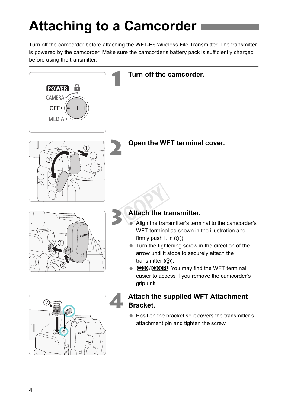 Attaching to a camcorder, Cop y | Canon EOS C500 PL User Manual | Page 4 / 38