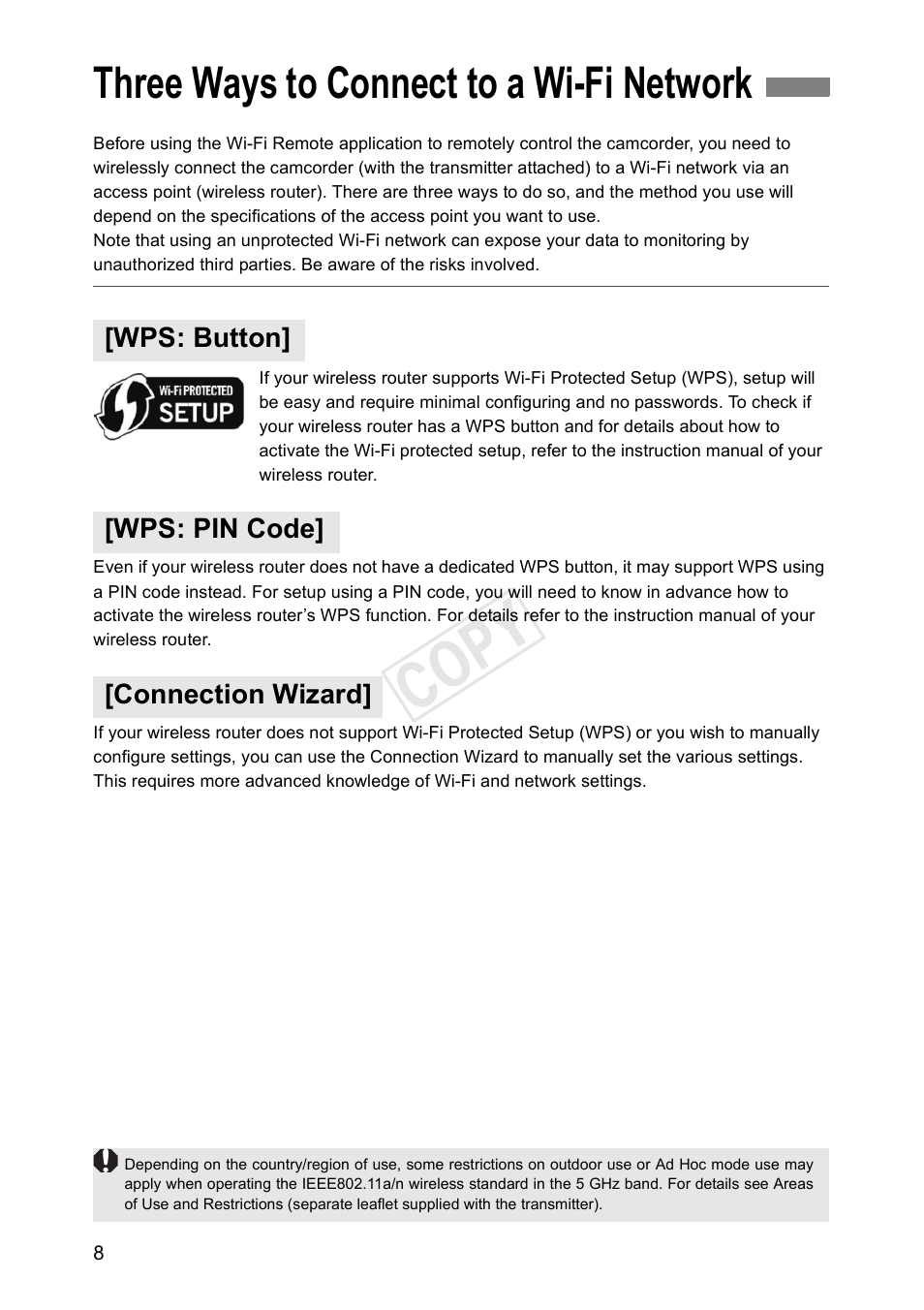 Three ways to connect to a wi-fi network, Wps: button, Wps: pin code | Connection wizard, Cop y | Canon EOS C500 PL User Manual | Page 8 / 38
