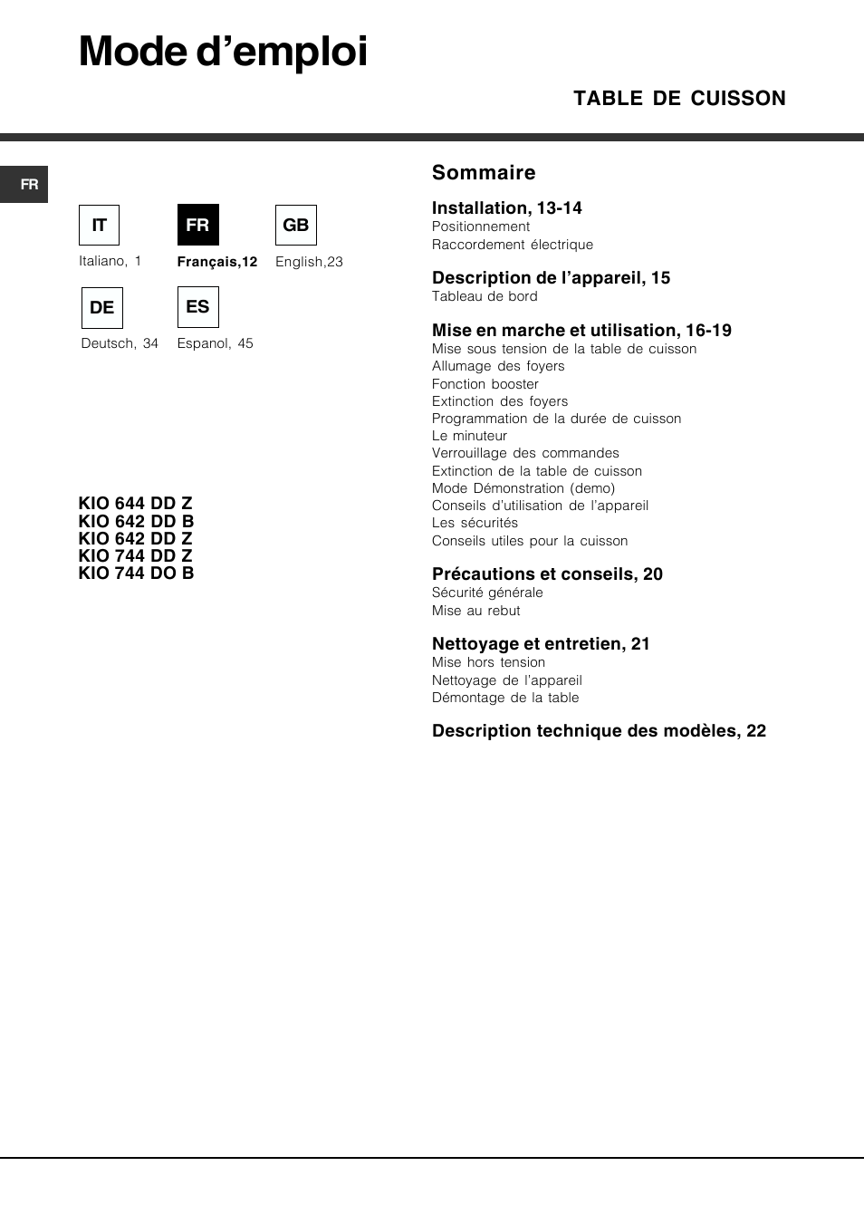 Mode d’emploi | Hotpoint Ariston KIO 744 DD Z User Manual | Page 12 / 56