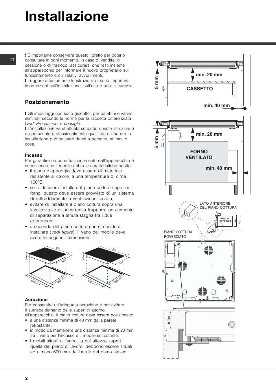 Installazione, Posizionamento | Hotpoint Ariston KIO 744 DD Z User Manual | Page 2 / 56