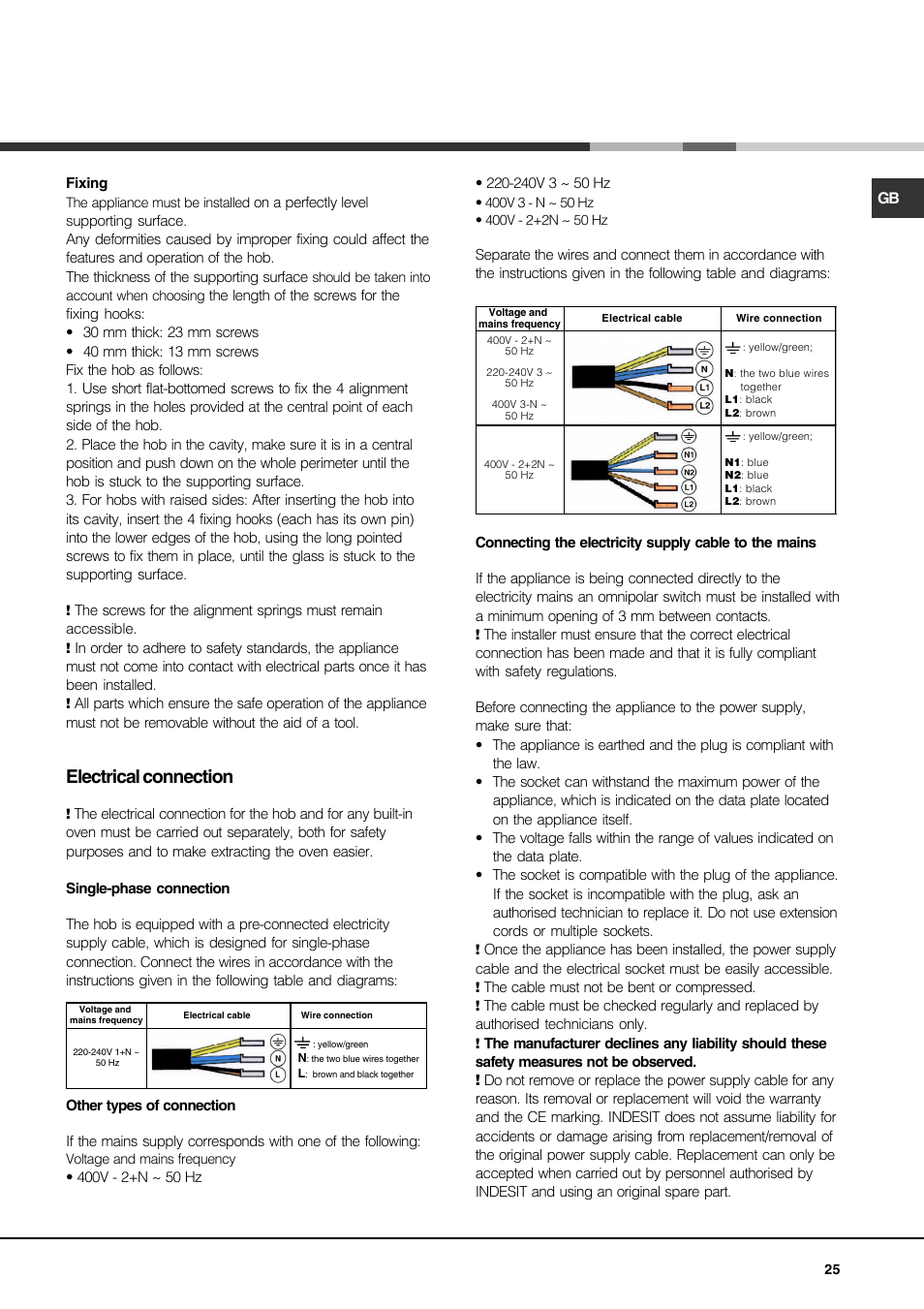 Electrical connection | Hotpoint Ariston KIO 744 DD Z User Manual | Page 25 / 56