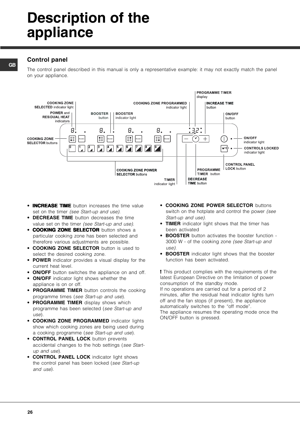 Description of the appliance, Control panel | Hotpoint Ariston KIO 744 DD Z User Manual | Page 26 / 56