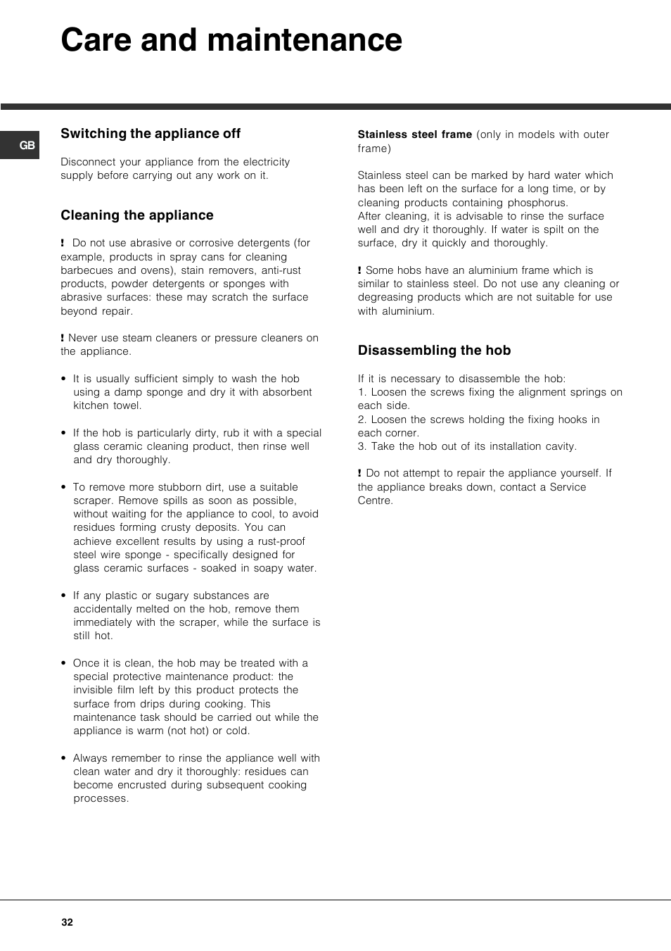 Care and maintenance | Hotpoint Ariston KIO 744 DD Z User Manual | Page 32 / 56