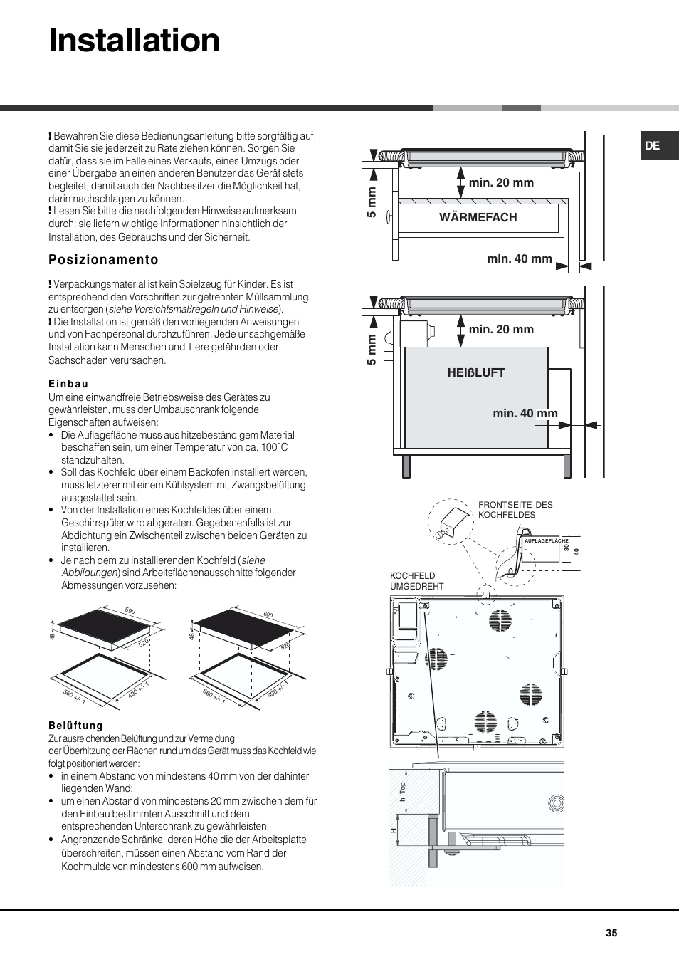 Installation, Posizionamento | Hotpoint Ariston KIO 744 DD Z User Manual | Page 35 / 56