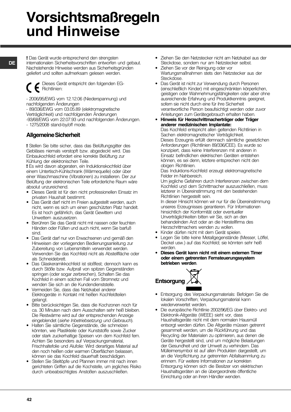 Vorsichtsmaßregeln und hinweise, Allgemeine sicherheit, Entsorgung | Hotpoint Ariston KIO 744 DD Z User Manual | Page 42 / 56