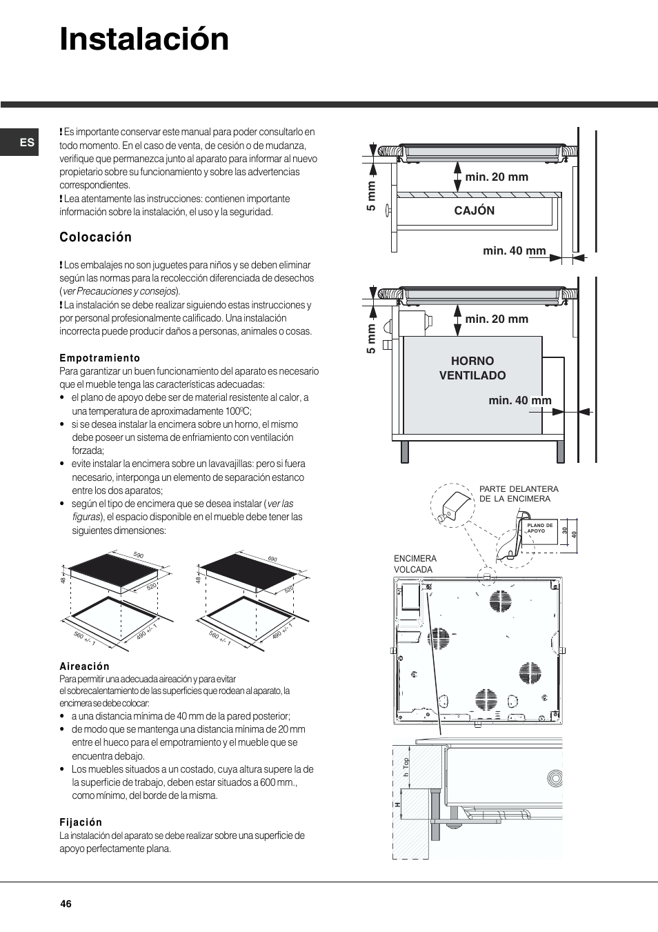 Instalación, Colocación | Hotpoint Ariston KIO 744 DD Z User Manual | Page 46 / 56