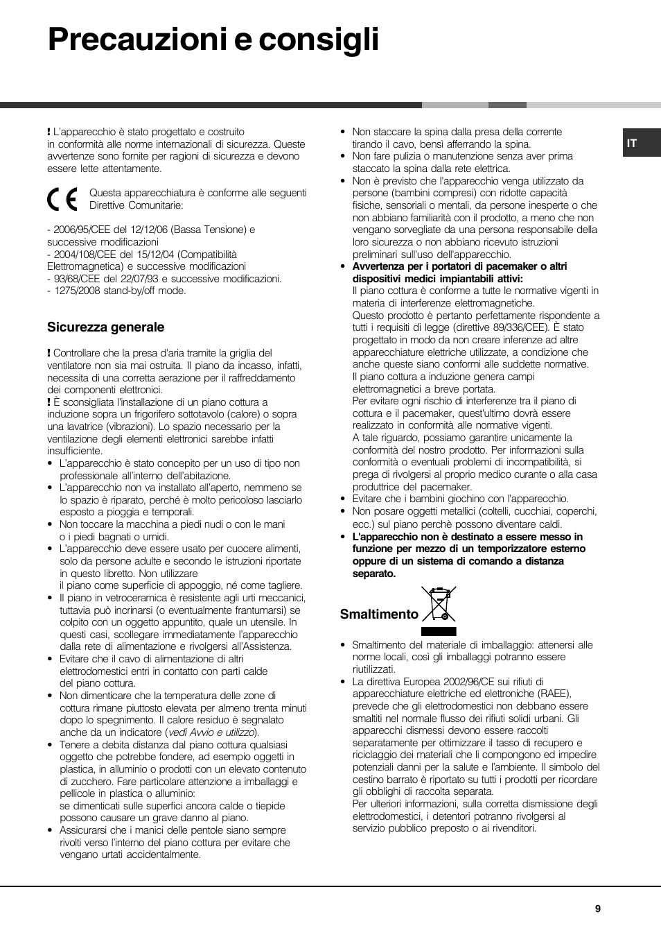 Precauzioni e consigli, Sicurezza generale, Smaltimento | Hotpoint Ariston KIO 744 DD Z User Manual | Page 9 / 56