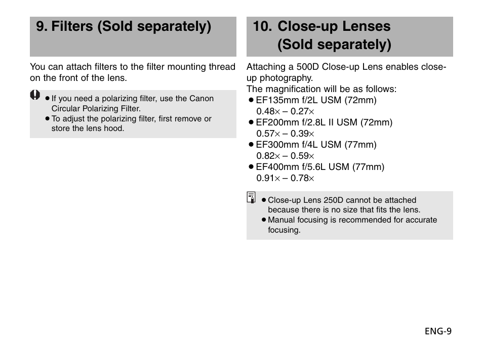 Filters (sold separately), Close-up lenses (sold separately) | Canon EF 135mm f2L USM User Manual | Page 10 / 15