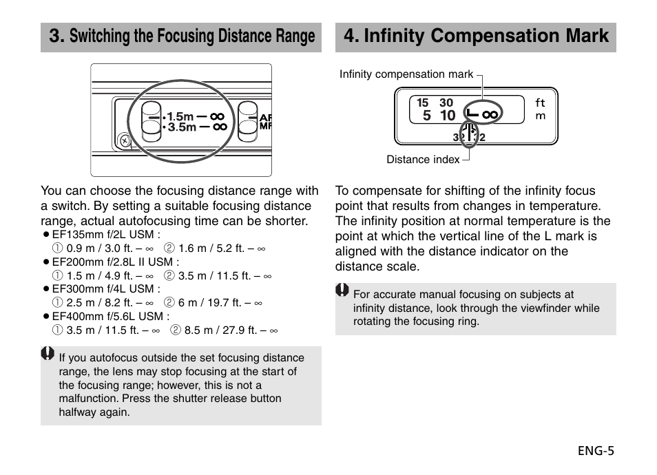 Infinity compensation mark, Switching the focusing distance range | Canon EF 135mm f2L USM User Manual | Page 6 / 15