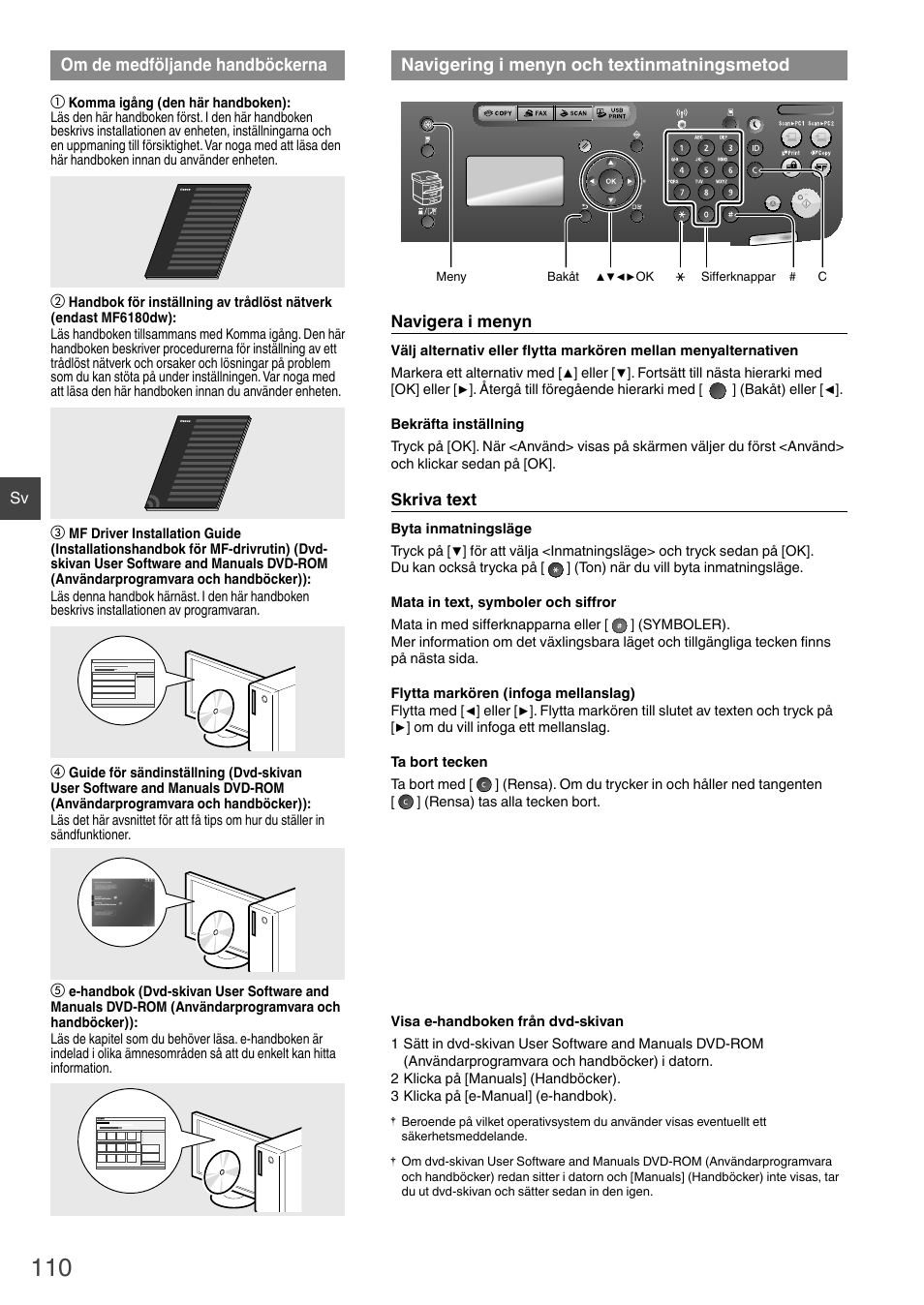 Textinmatningsmetod, Navigering i menyn och textinmatningsmetod, Om de medföljande handböckerna | Canon i-SENSYS MF6180dw User Manual | Page 110 / 292