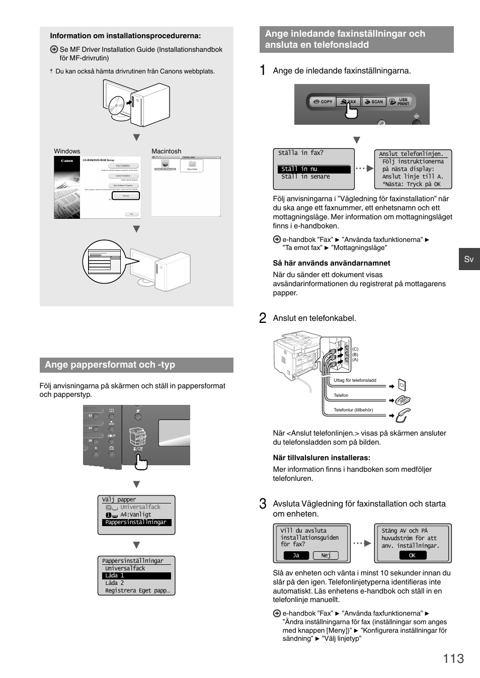Ansluta en telefonsladd, Gå till ”ange pappersformat och -typ” (s.113), Ange pappersformat och -typ | Canon i-SENSYS MF6180dw User Manual | Page 113 / 292