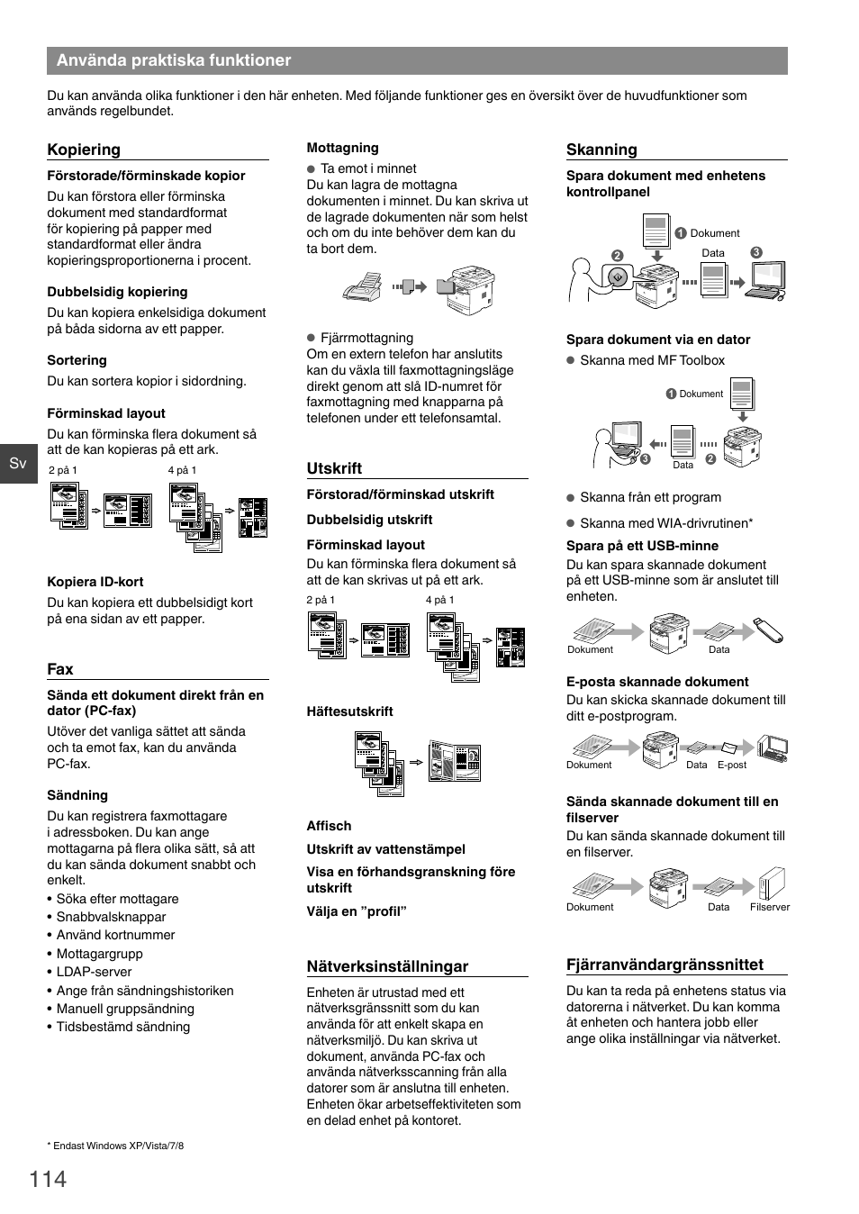 Använda praktiska funktioner, Kopiering, Utskrift | Nätverksinställningar, Skanning, Fjärranvändargränssnittet | Canon i-SENSYS MF6180dw User Manual | Page 114 / 292